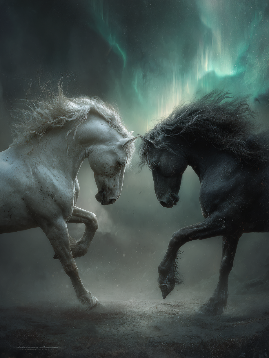 Epic battle beneath aurora-streaked sky