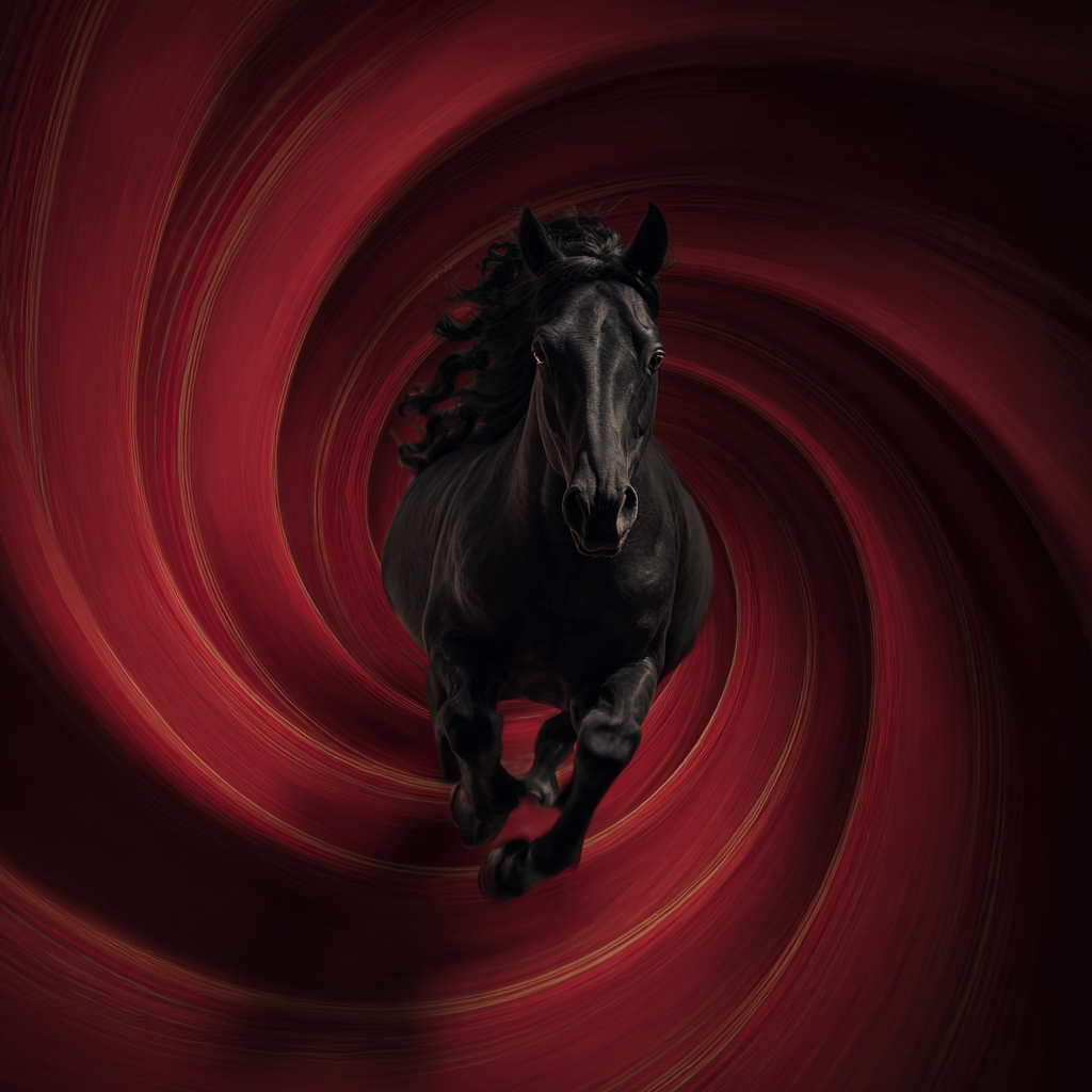 Black horse galloping forward