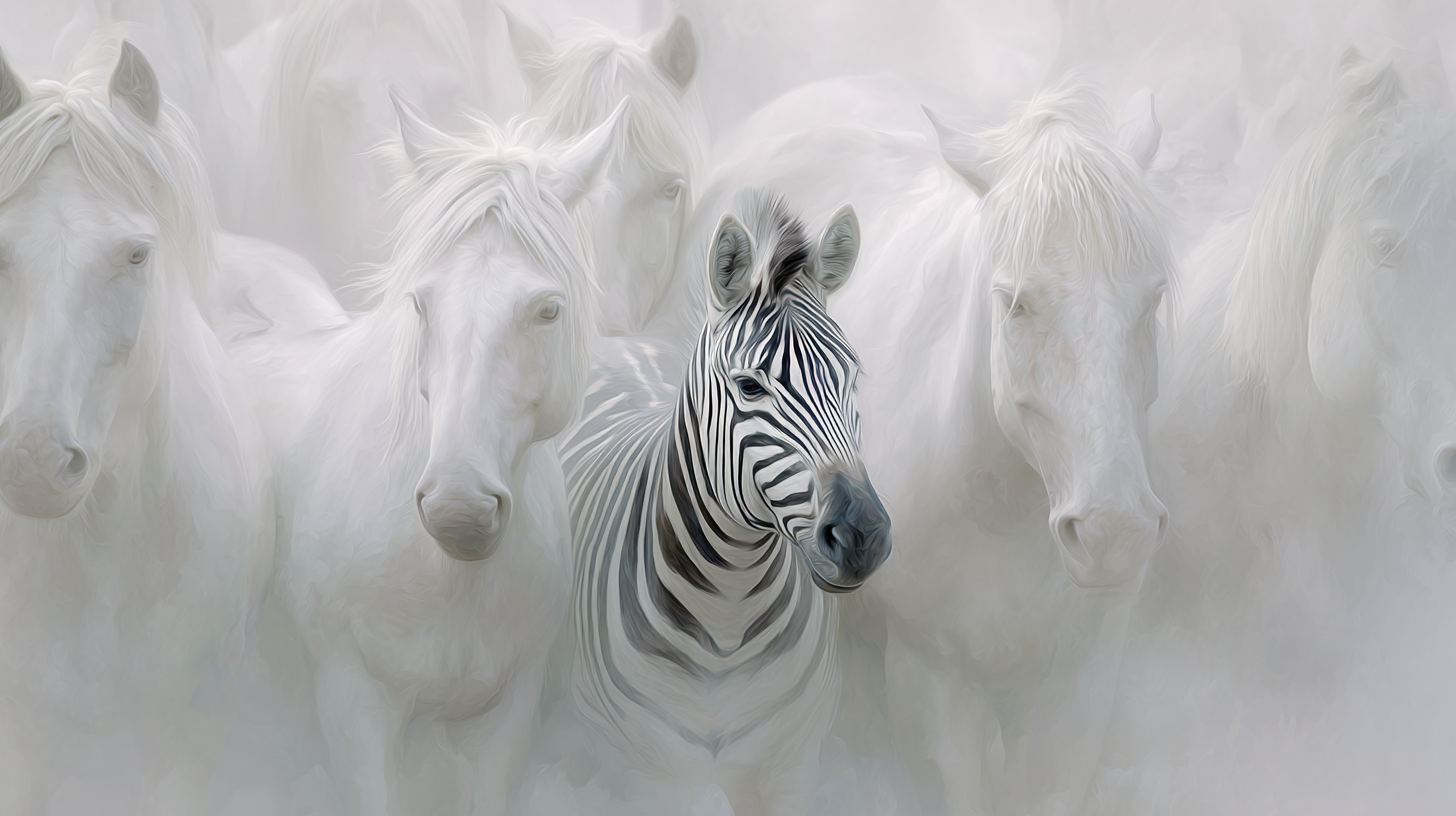 Zebra in a sea of white horses, painterly style