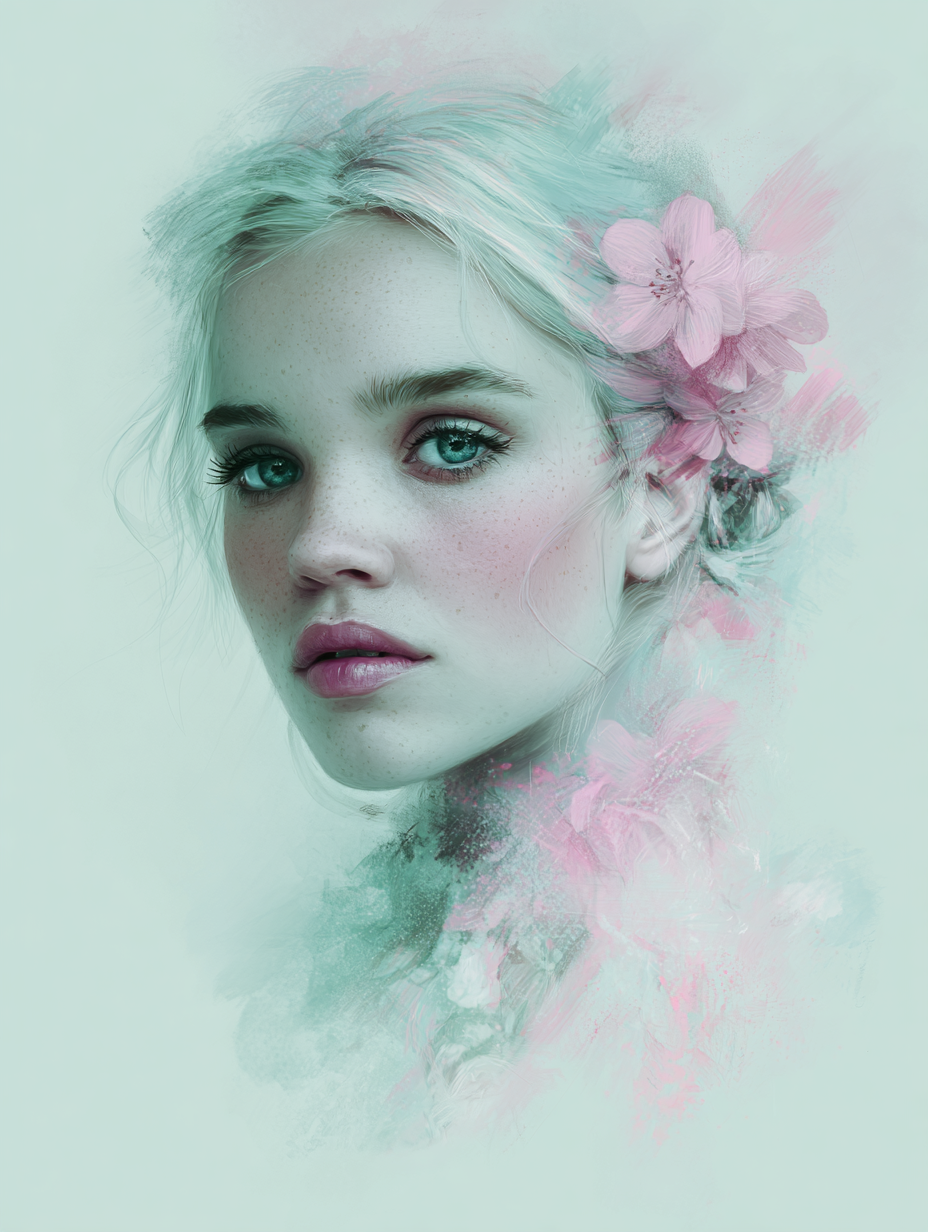 Woman portrait with pastel pink and mint green