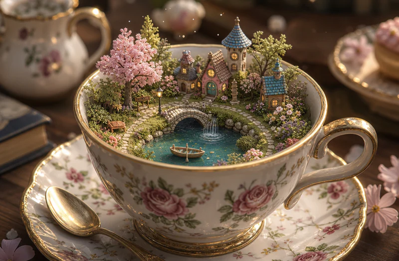 Tiny whimsical world inside of a tea cup