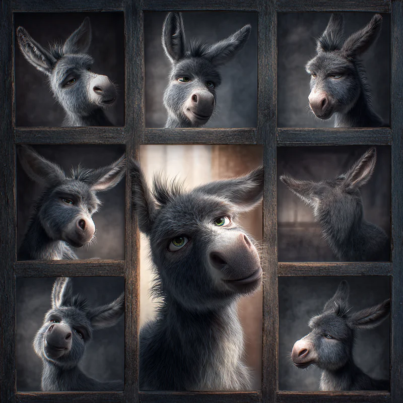 Three by three grid of whimsical donkey character studies