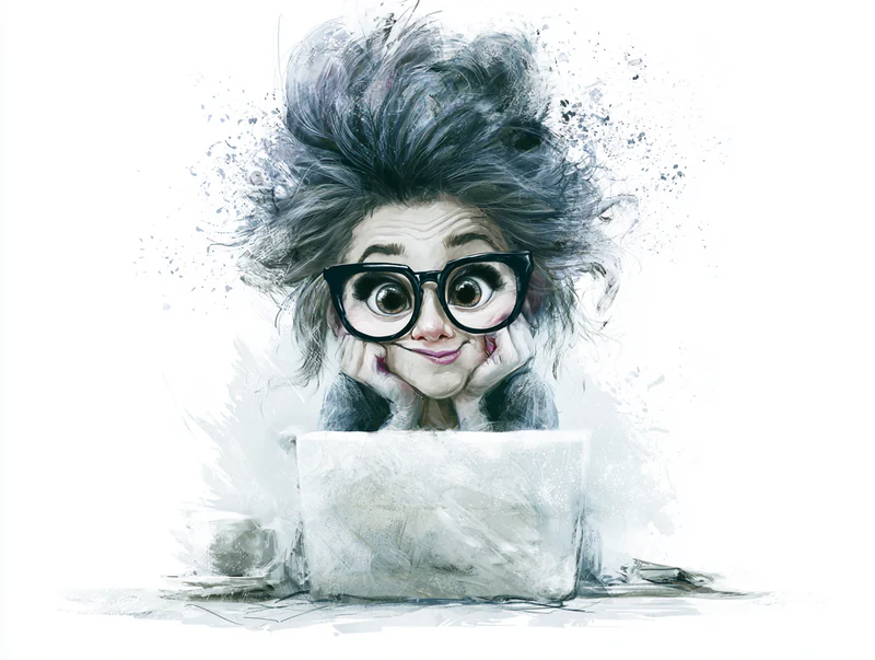 Whimsical caricature of a nerdy woman with glasses