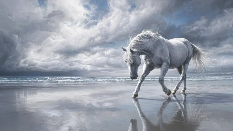 White horse walking alone along a reflective shoreline beneath dramatic silver clouds