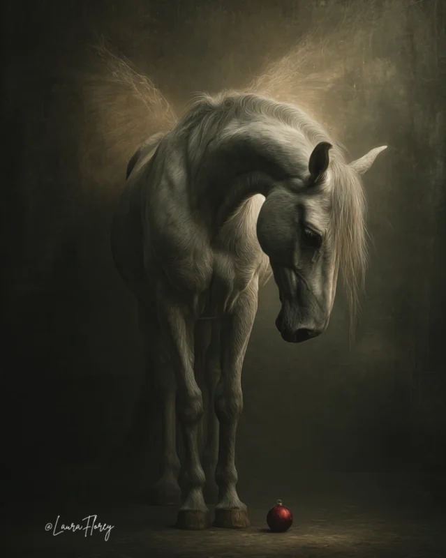 White horse lowering its head toward a single red apple in a dark dreamlike setting