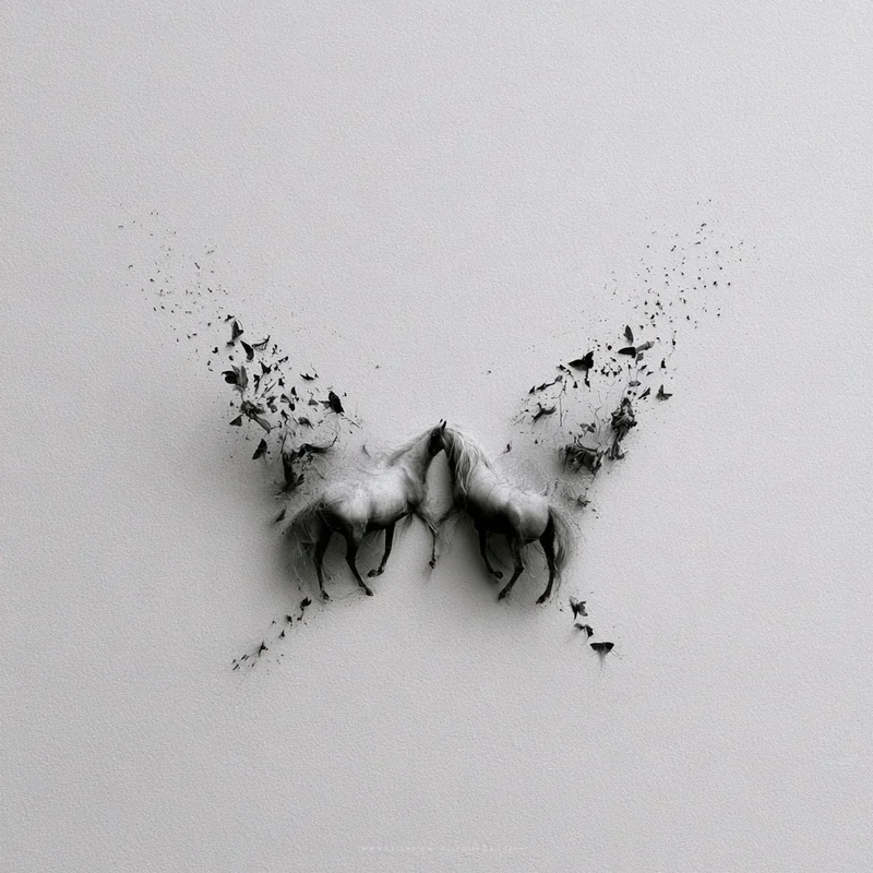 Two pale horses form the center of a butterfly-like silhouette, with tiny dark shapes drifting outward across a soft gray background