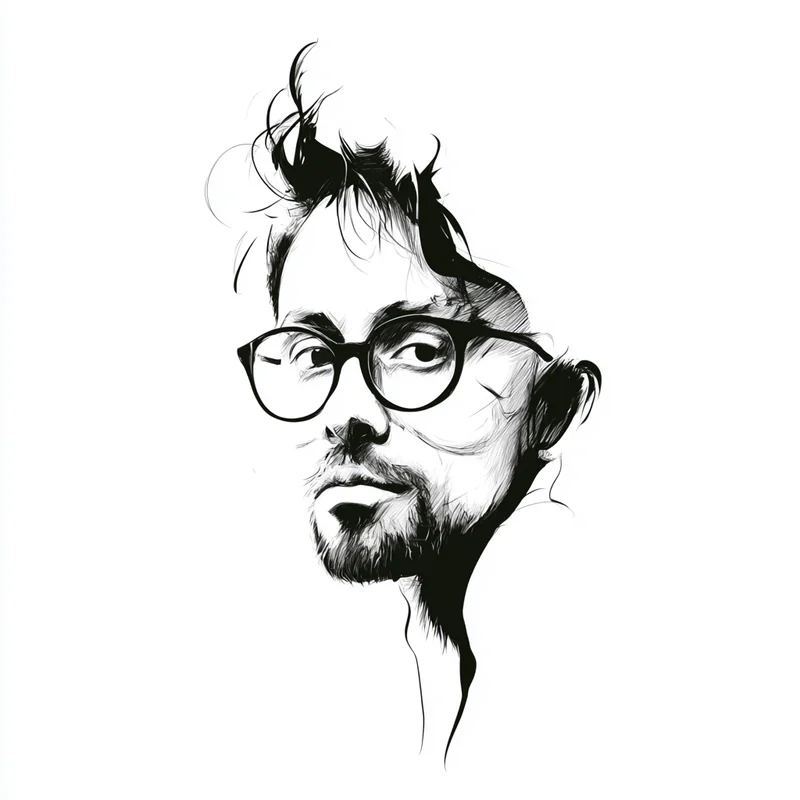 Minimal black ink portrait of a bespectacled figure dissolving into loose sketch lines