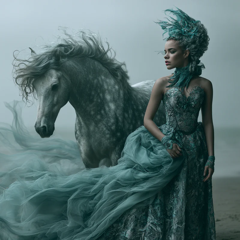 Surreal woman and dark horse standing together in teal sea mist