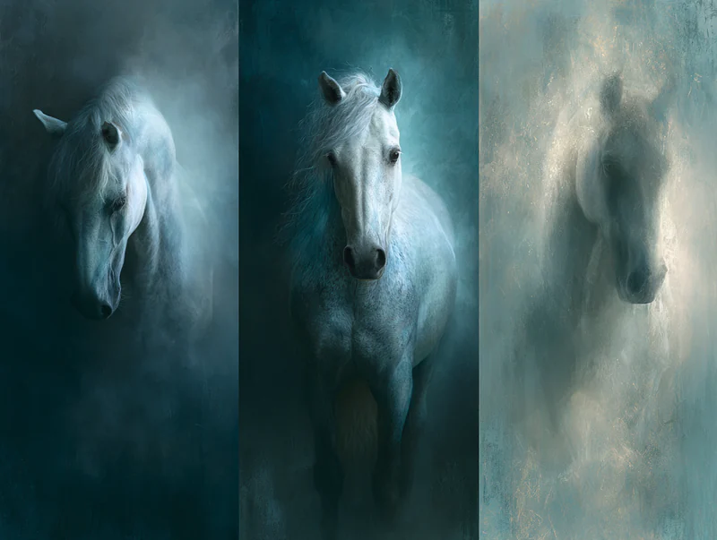 Triptych of three white horse portraits emerging from teal and misty backgrounds