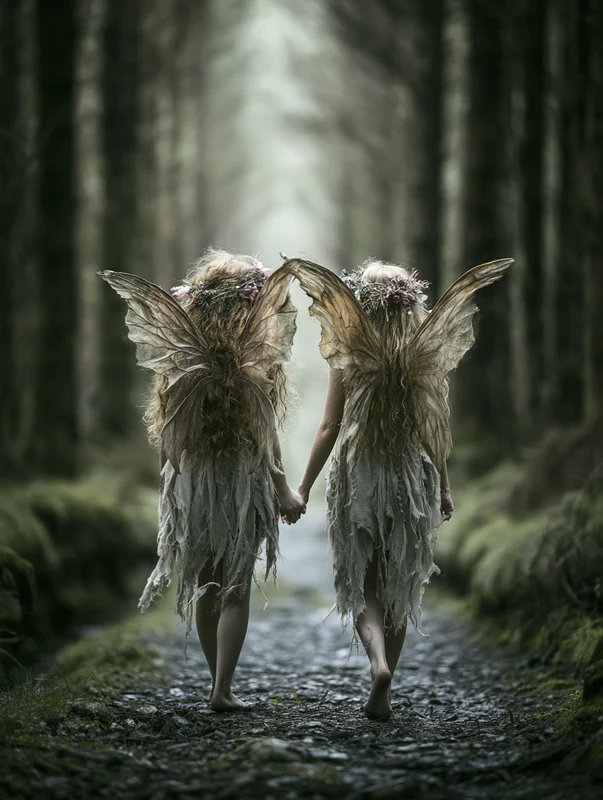 Two small winged figures walking together along a shadowed woodland path