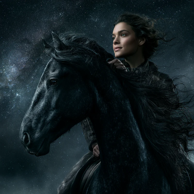 Woman riding a black horse beneath a star-filled night sky