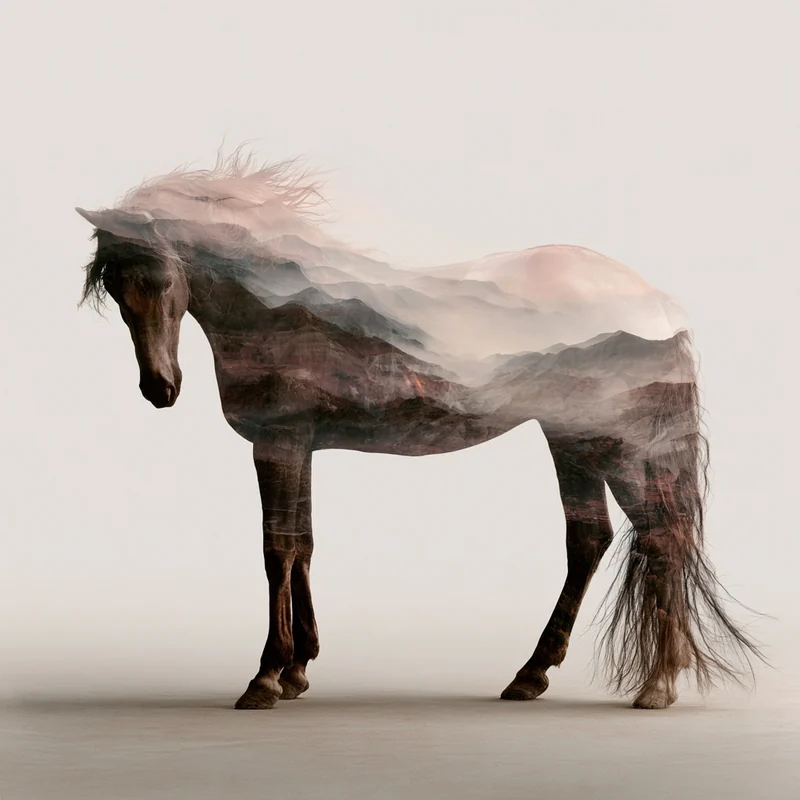 A horse in profile filled with layers of softly lit mountain ranges against a pale warm background