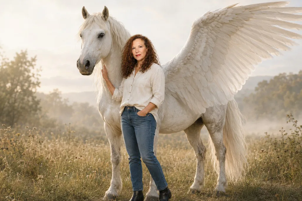 Laura Florey standing beside a white Pegasus in a misty golden field