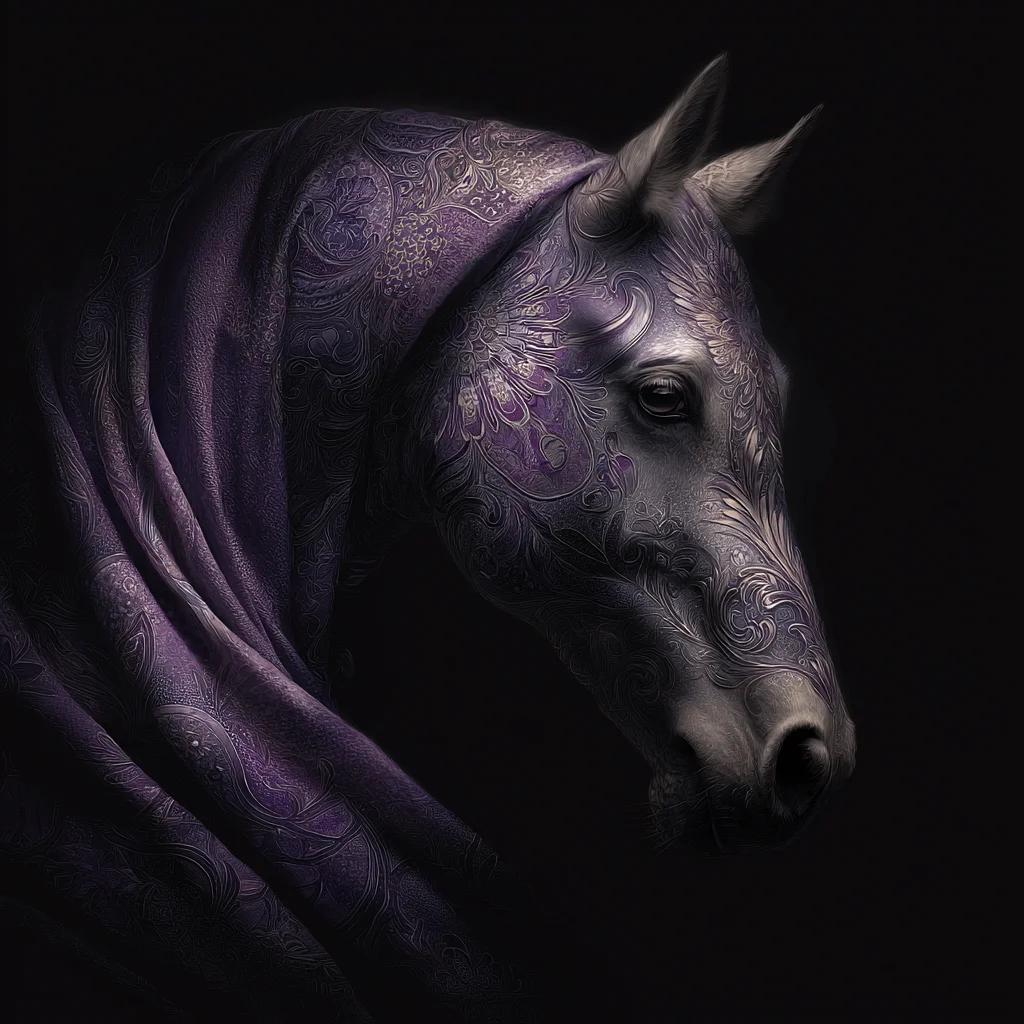 Purple silk wrapped horse portrait against a dark background